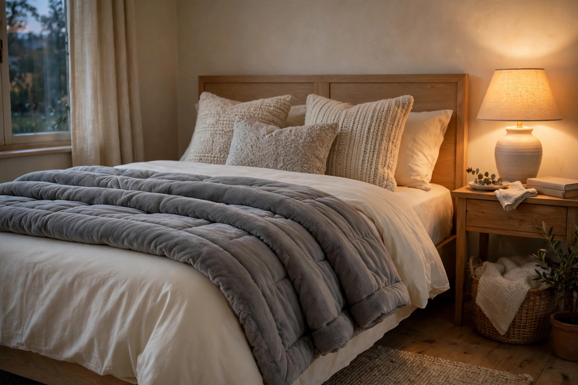 Plush weighted blanket folded over cream sheets on a bed in warm evening light