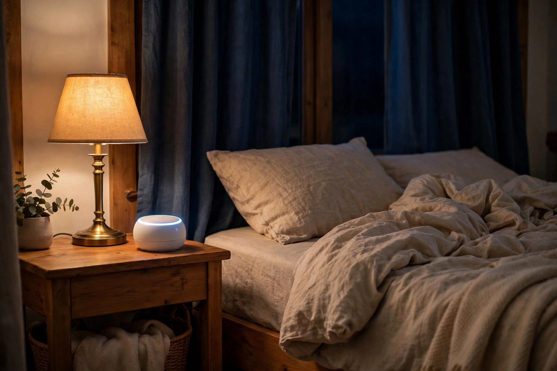 White noise machine glowing softly on a nightstand beside a bed at night